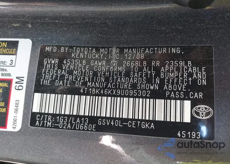 2009 Toyota Camry Le V6/Se V6/Xle V6 из США, поврежденный, VIN 4T1BK46KX9U095302